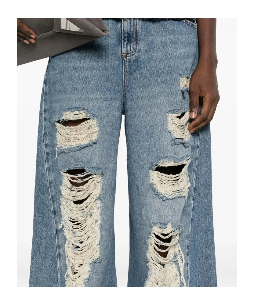 Wide-Leg Distressed Frayed Jeans
