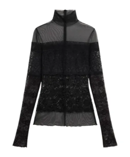 Sheer-Lace Mock-Neck Top