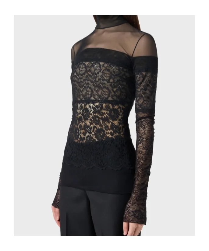 Sheer-Lace Mock-Neck Top