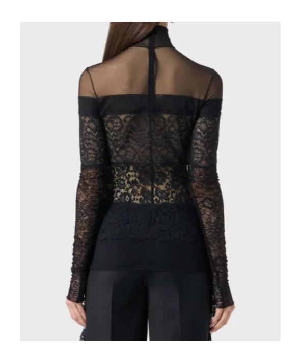 Sheer-Lace Mock-Neck Top