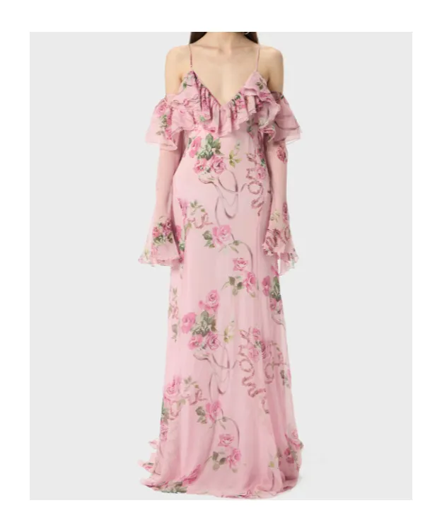Floral-Printed Ruffled Gown