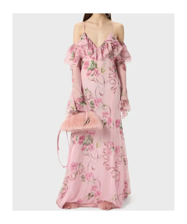 Floral-Printed Ruffled Gown