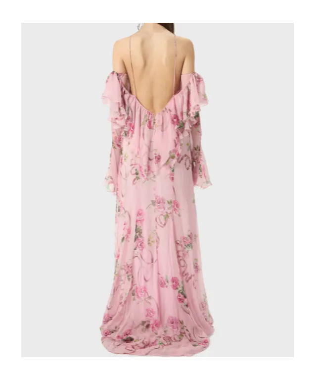 Floral-Printed Ruffled Gown