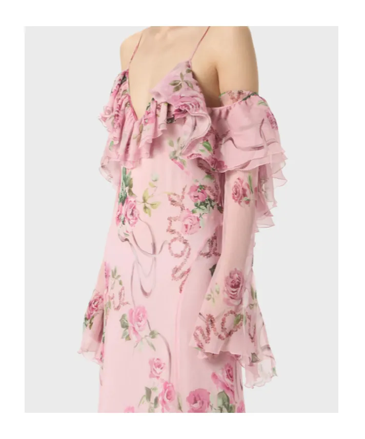 Floral-Printed Ruffled Gown