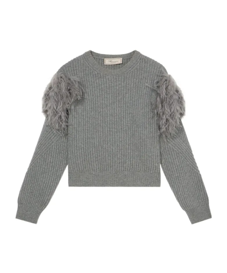Feather-Embellished Ribbed Sweater