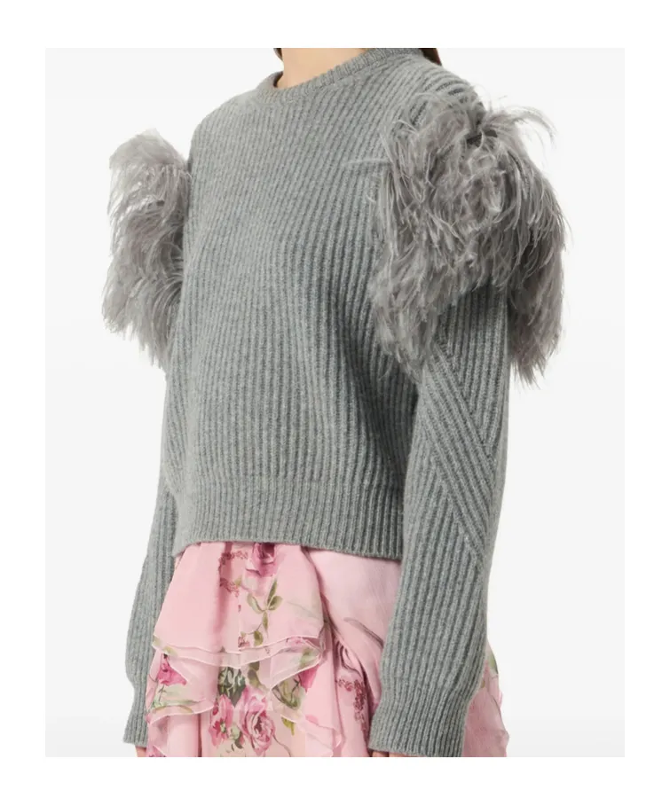 Feather-Embellished Ribbed Sweater