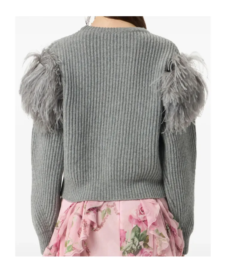 Feather-Embellished Ribbed Sweater