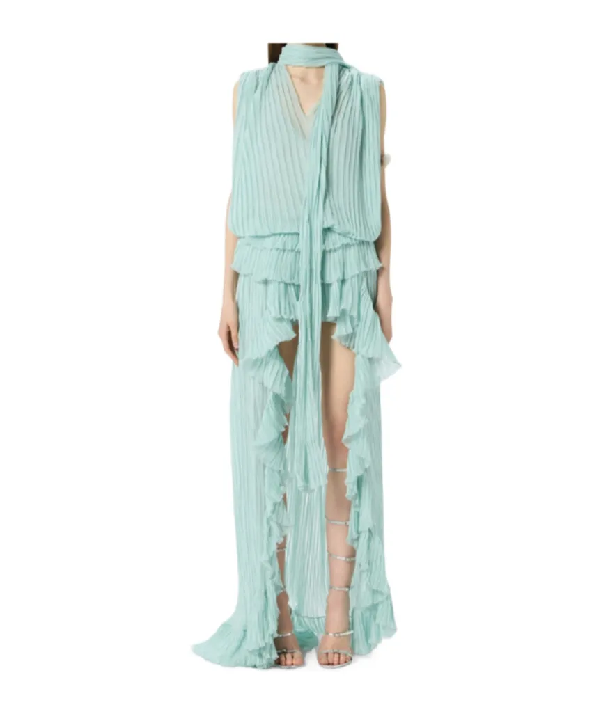 Pleated Asymmetric Dress In Silk Chiffon