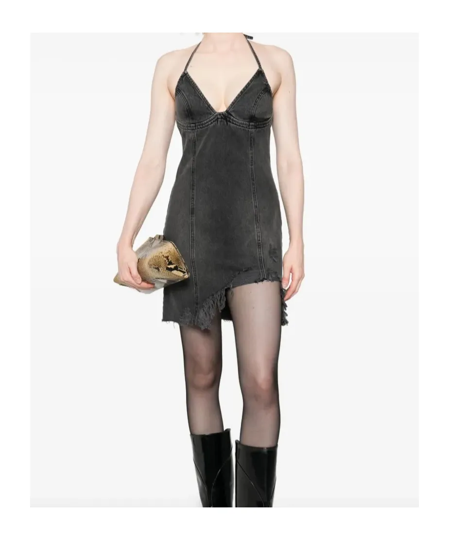 Halter-Neck Frayed Denim Dress