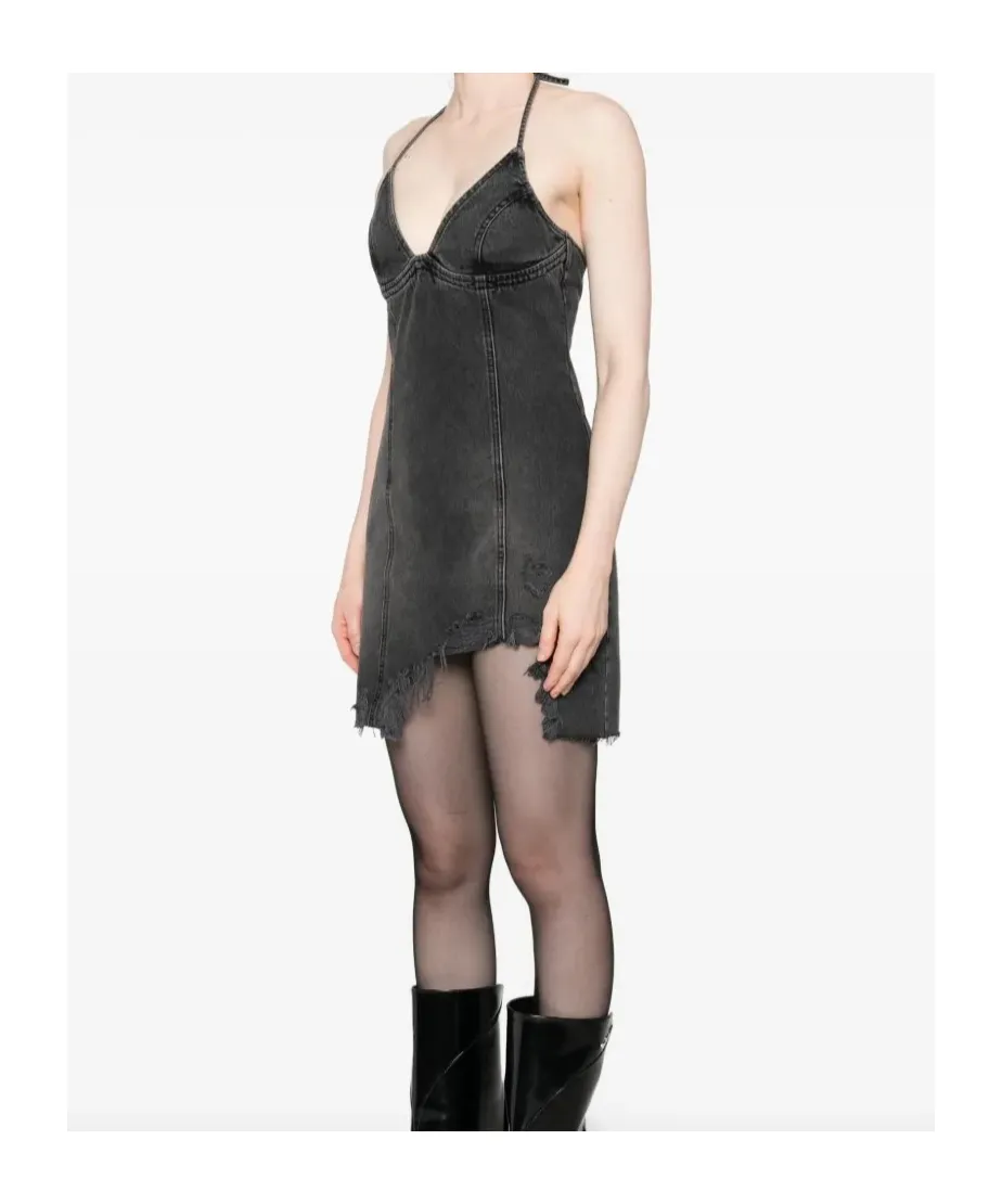 Halter-Neck Frayed Denim Dress