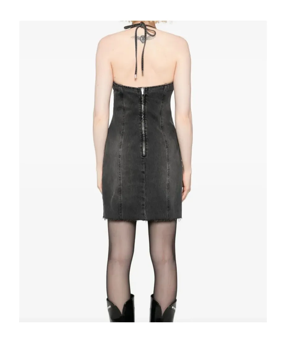Halter-Neck Frayed Denim Dress