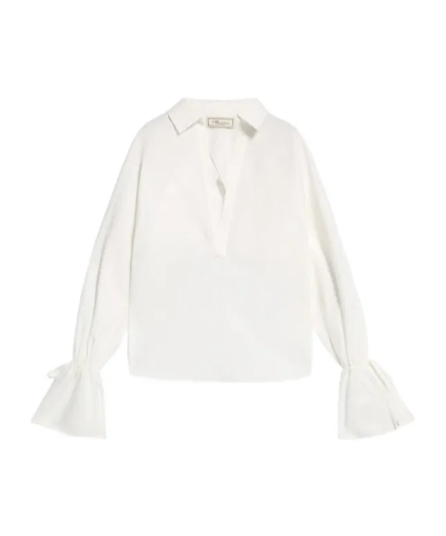 Tied-Cuff Polo-Neck Poplin Blouse