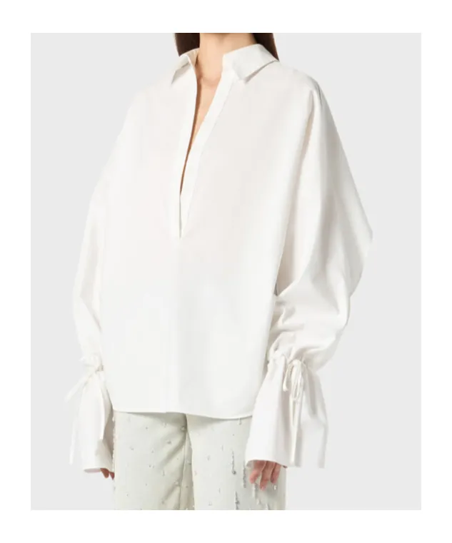 Tied-Cuff Polo-Neck Poplin Blouse