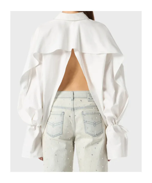Tied-Cuff Polo-Neck Poplin Blouse