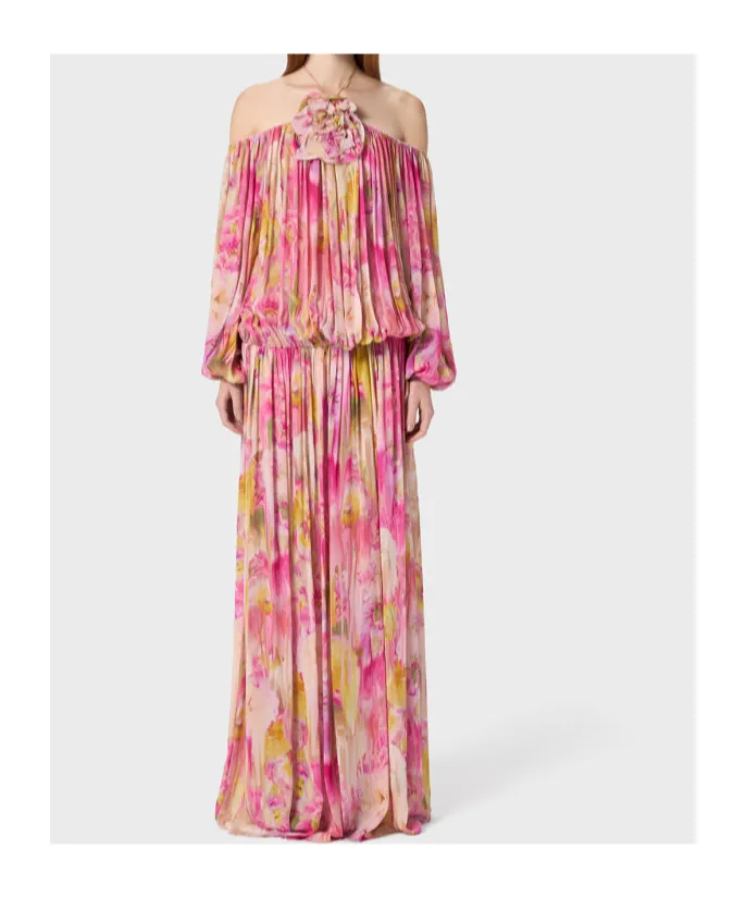 Floral-Printed Off-Shoulder Georgette Maxi Dress
