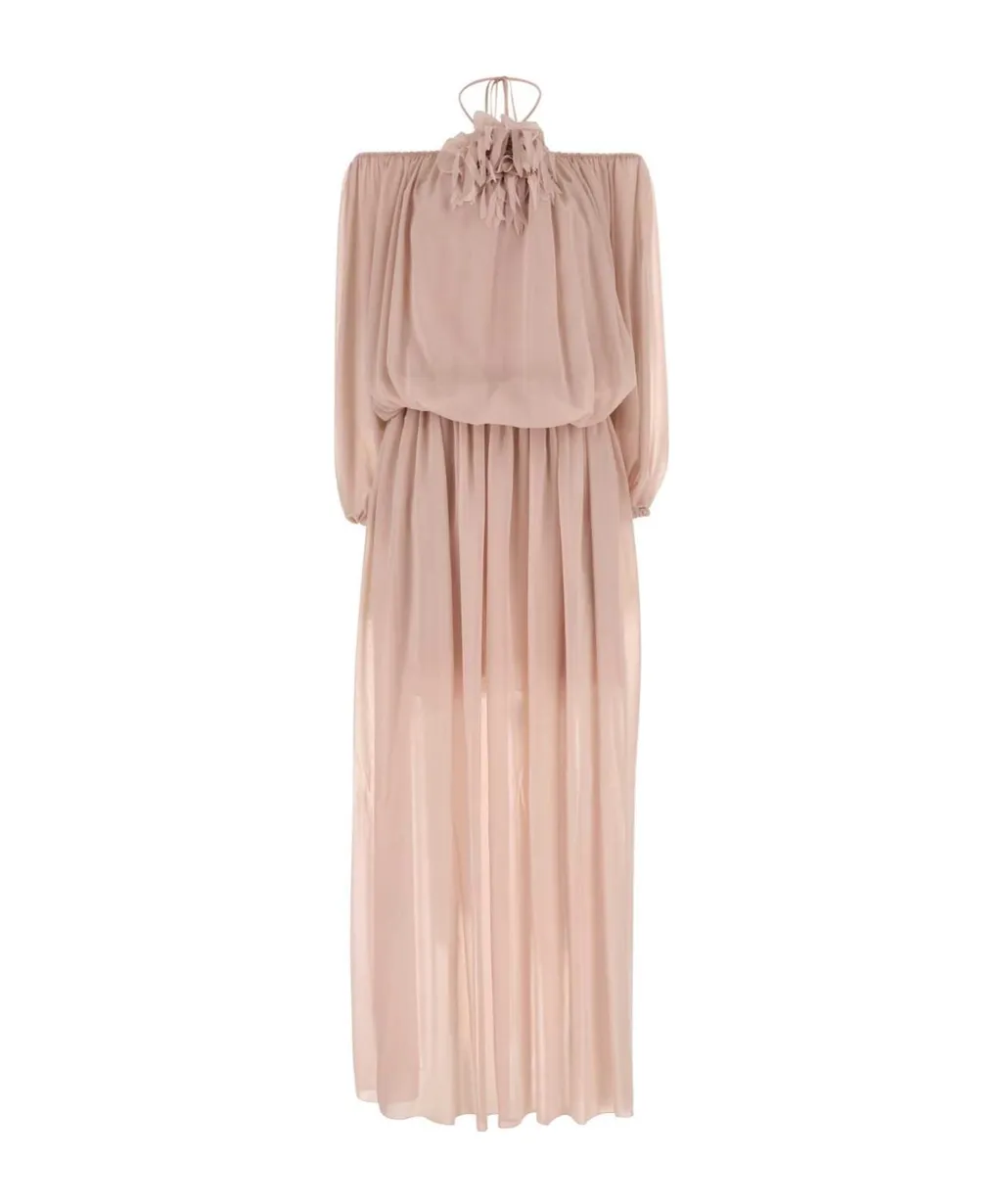 Off-Shoulder Floral-Brooch Maxi Dress