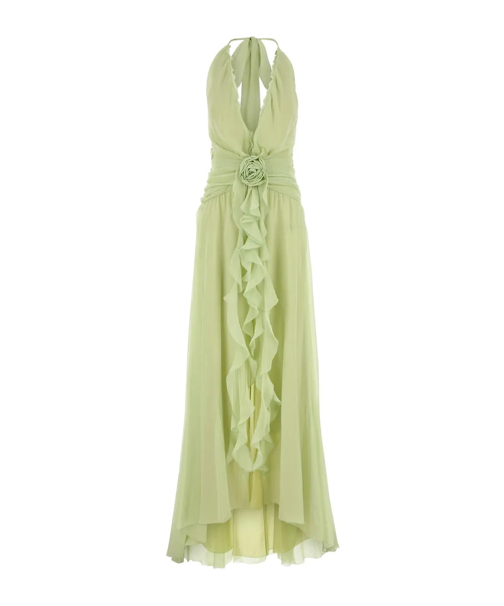 Rose Appliqué Halterneck Ruffled Maxi Dress