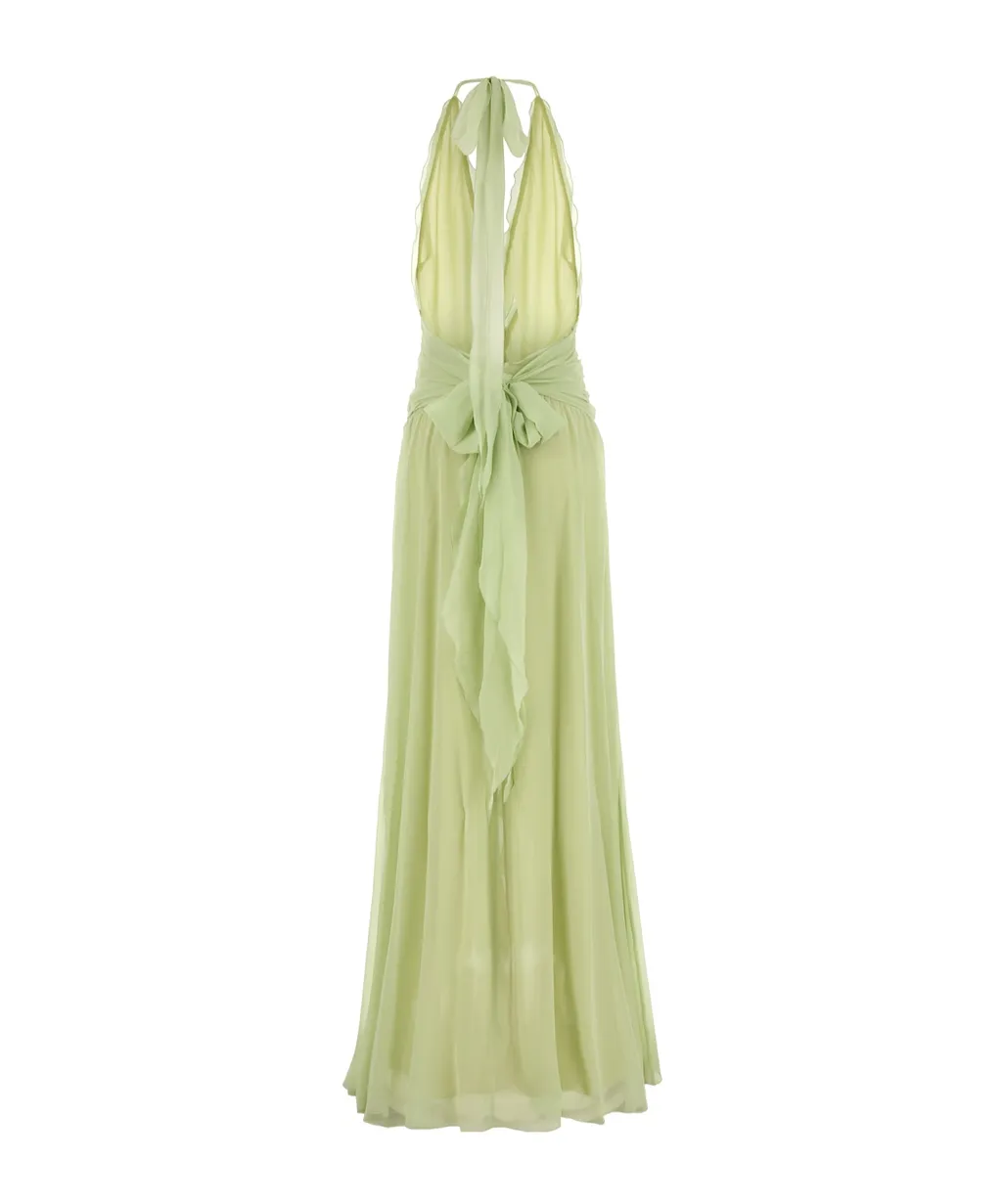 Rose Appliqué Halterneck Ruffled Maxi Dress