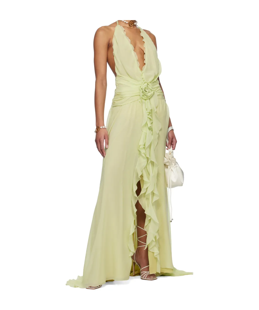 Rose Appliqué Halterneck Ruffled Maxi Dress