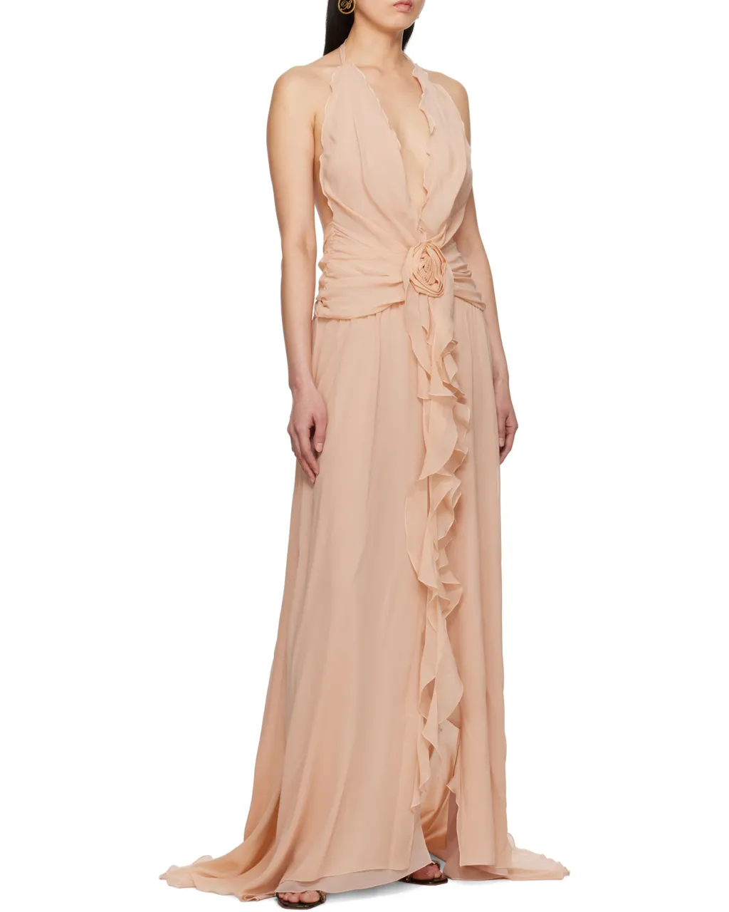 Rose Appliqué Halterneck Ruffled Maxi Dress