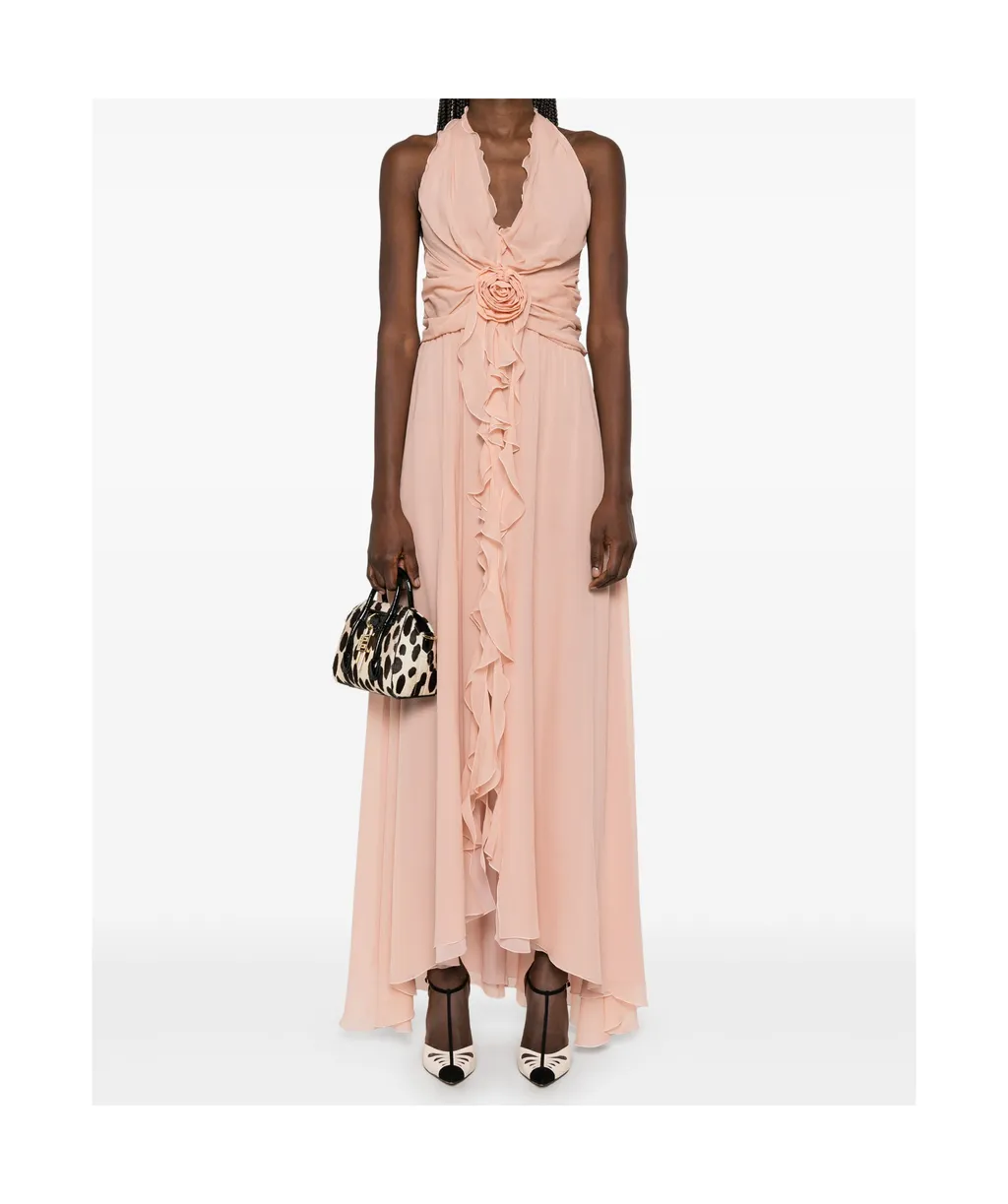 Rose Appliqué Halterneck Ruffled Maxi Dress