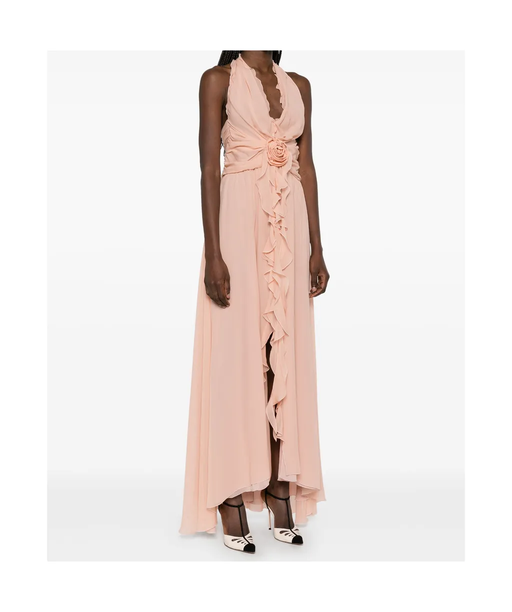 Rose Appliqué Halterneck Ruffled Maxi Dress
