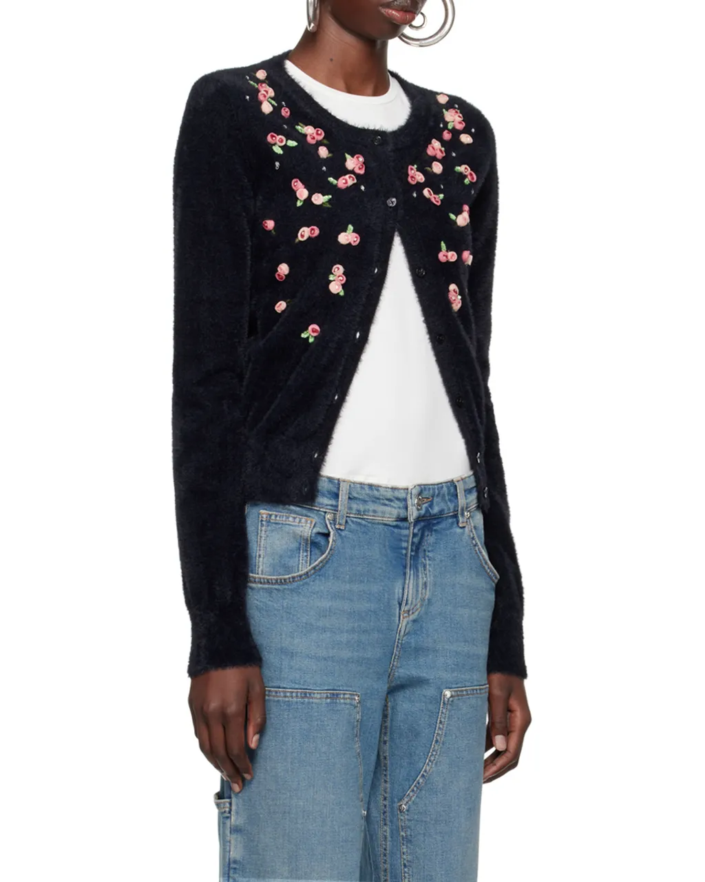 Floral-Appliqué Knitted Cardigan
