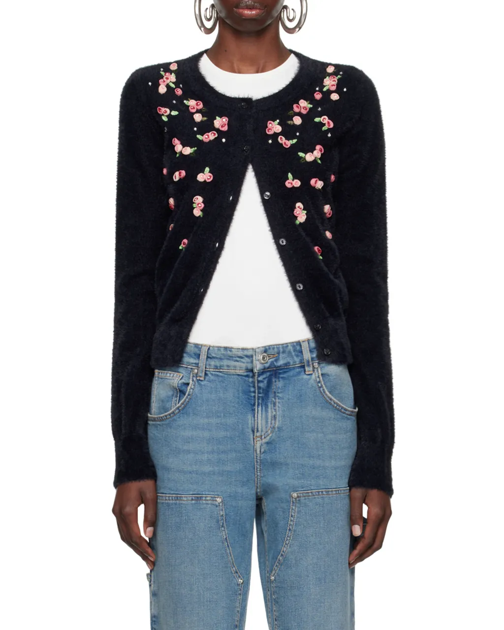 Floral-Appliqué Knitted Cardigan