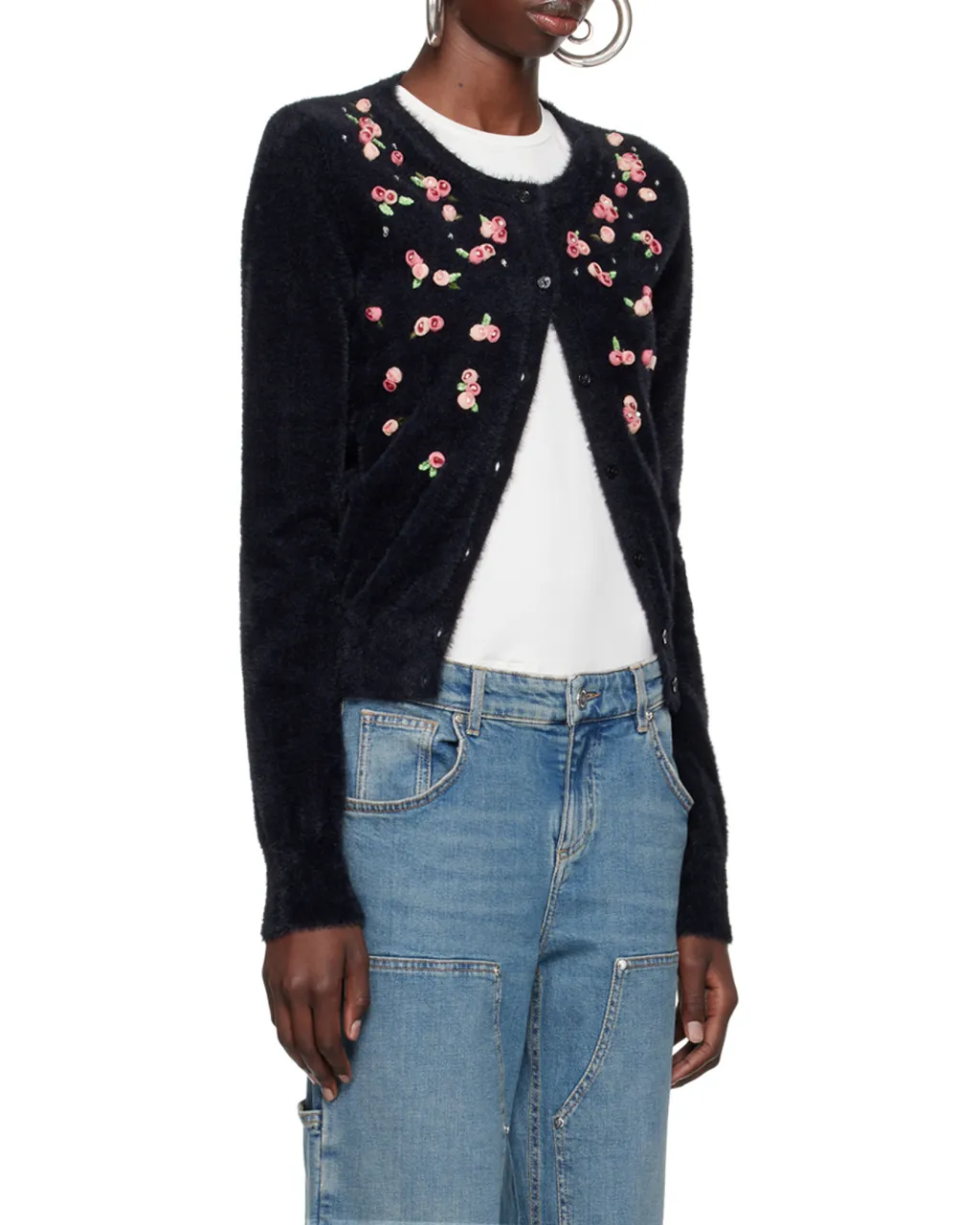 Floral-Appliqué Knitted Cardigan