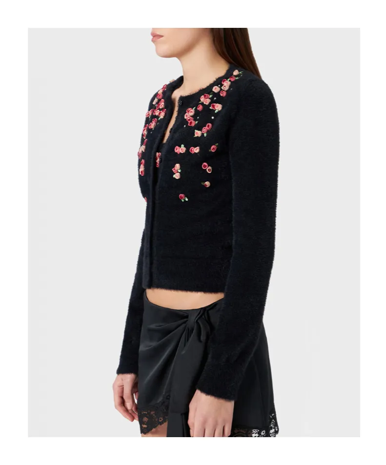 Floral-Appliqué Knitted Cardigan
