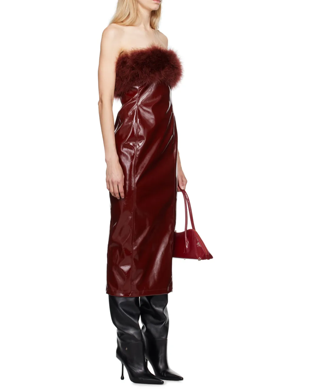 Marabou-Feathers Patent Midi Dress