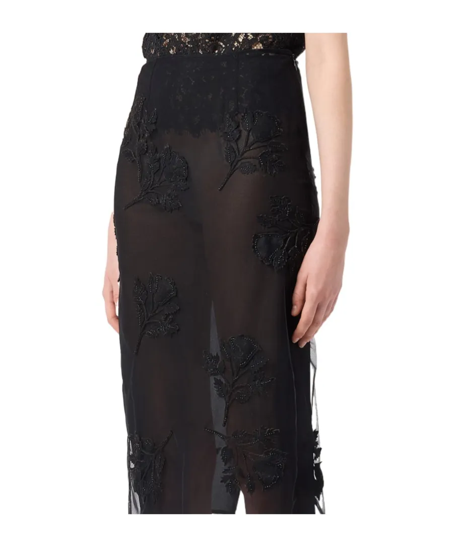 Flower-Embroidered Midi Skirt