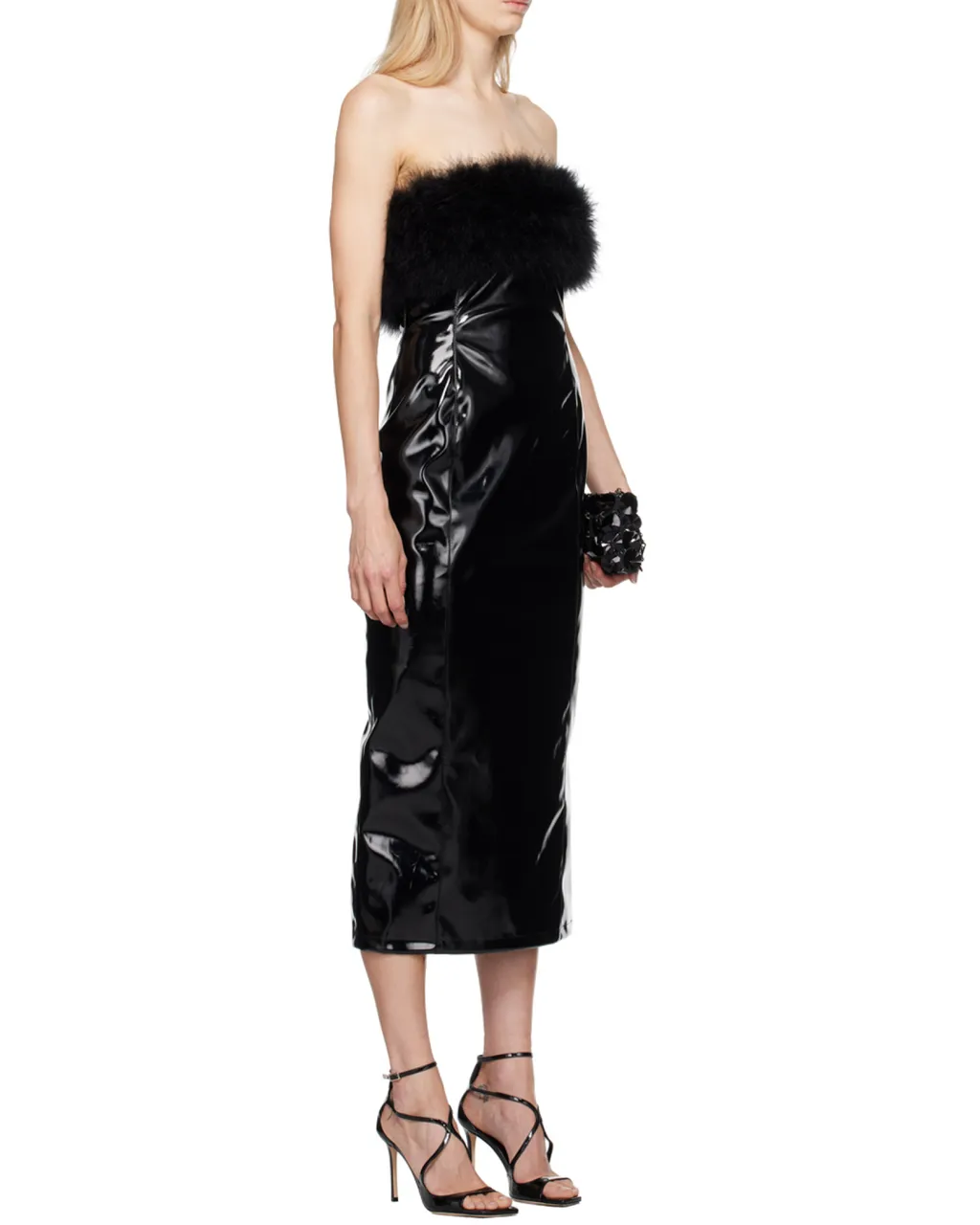 Marabou-Feathers Patent Midi Dress