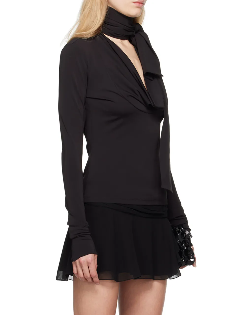 V-Neck Long-Sleeved Gathered-Tie Top