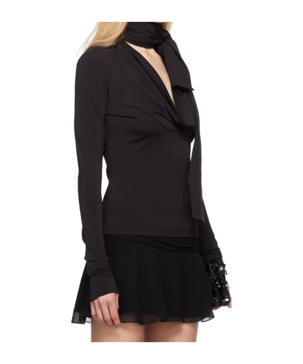 V-Neck Long-Sleeved Gathered-Tie Top