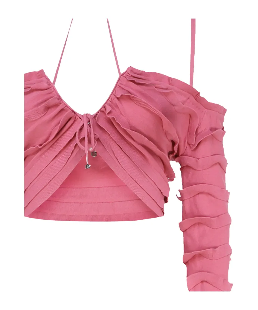 Knitted Ruffled Cropped Cardigan