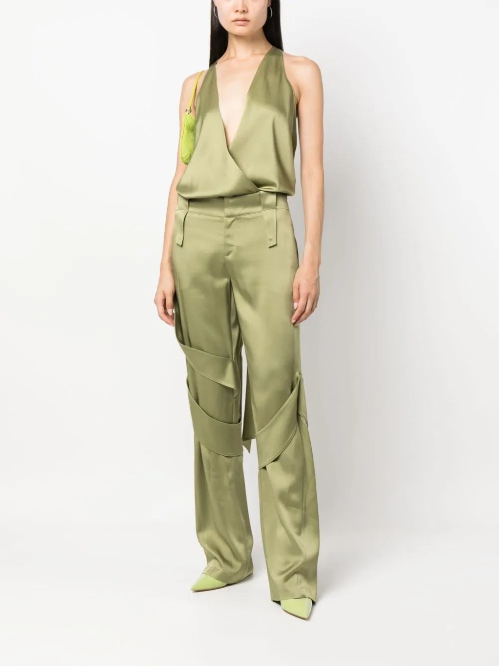 Plunging V-Neck Open Back Satin Bodysuit