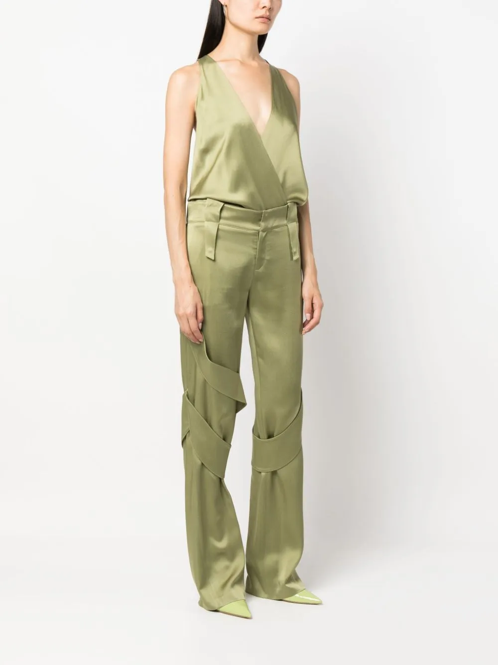 Plunging V-Neck Open Back Satin Bodysuit