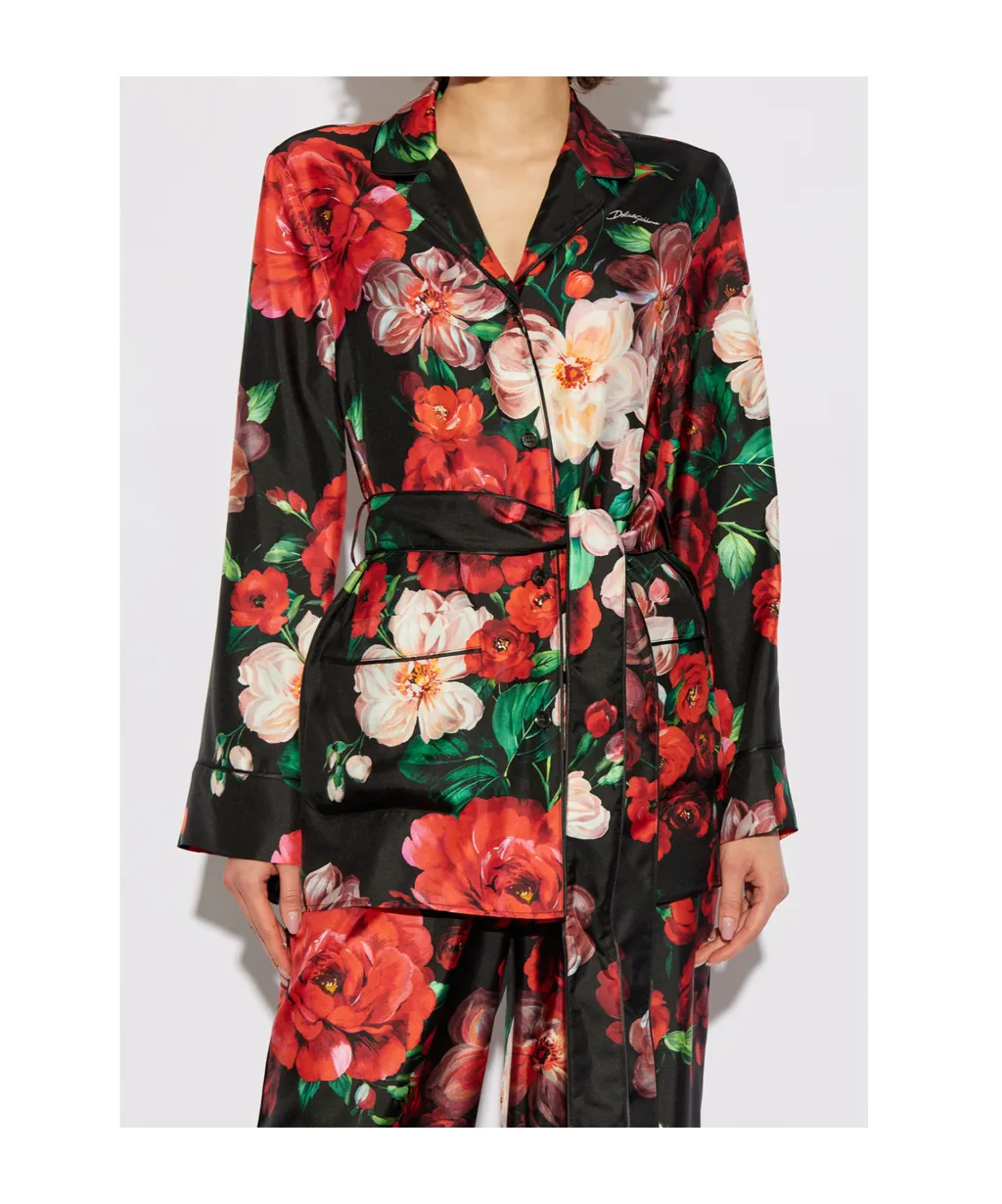 Rose Printed Long-Sleeved Twill Pajama Shirt