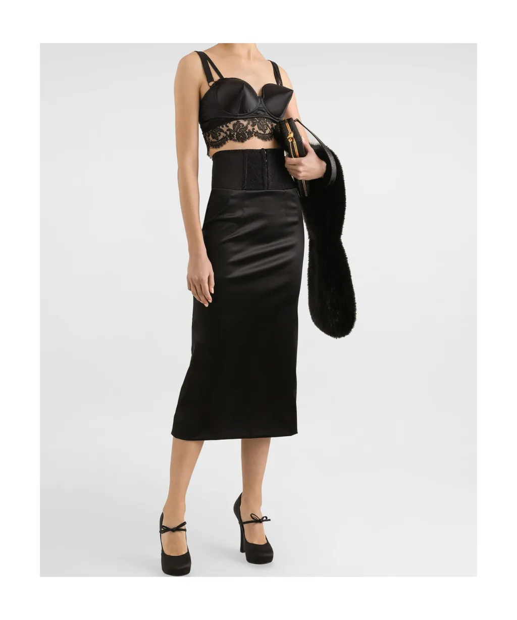 Belt Detailed Satin Calf-Length Skirt