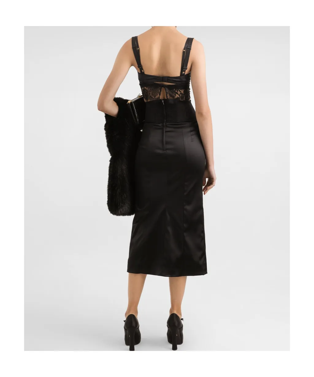 Belt Detailed Satin Calf-Length Skirt