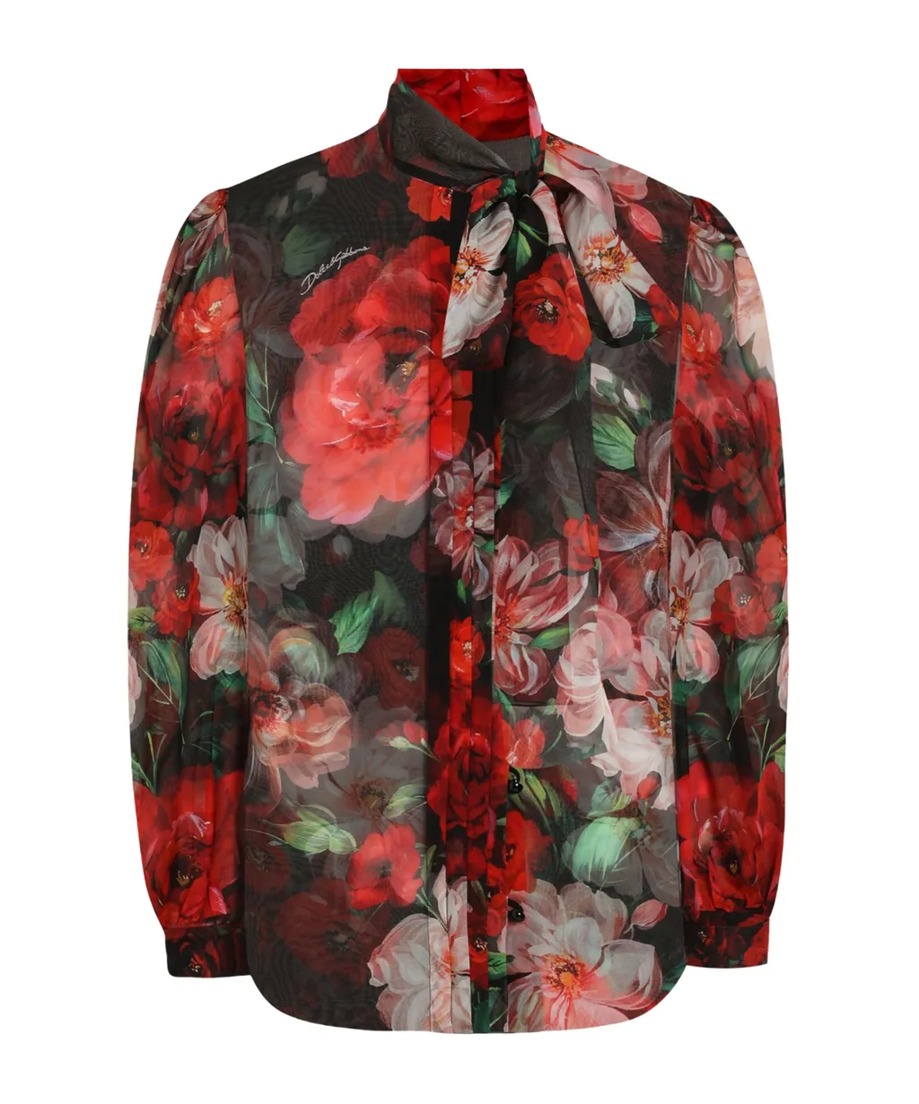 Floral Printed Chiffon Pussy-Bow Shirt