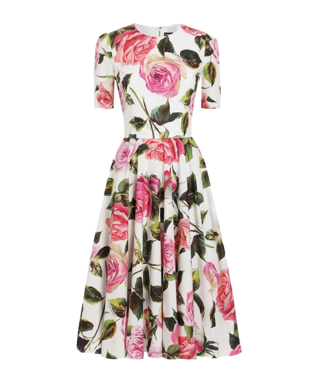 Rose Printed Calf-Length Babydoll Dress