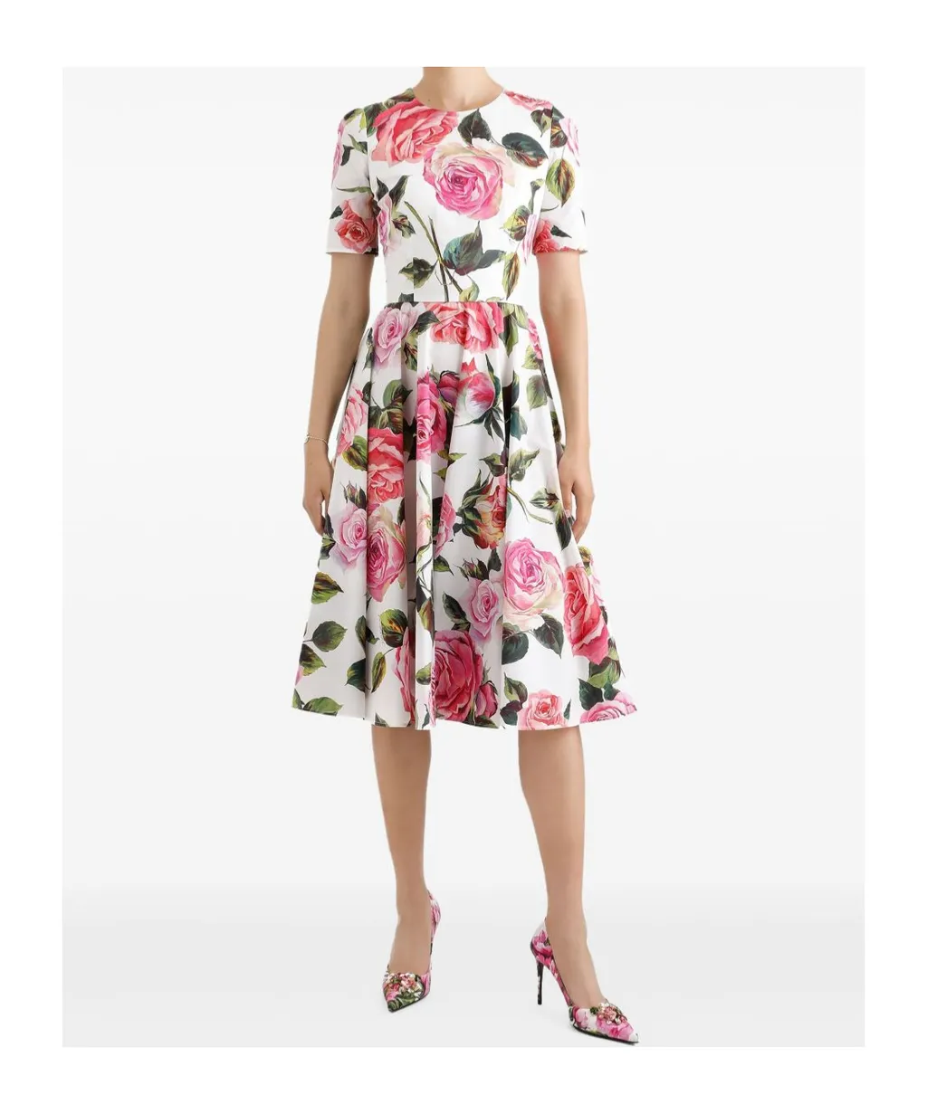 Rose Printed Calf-Length Babydoll Dress