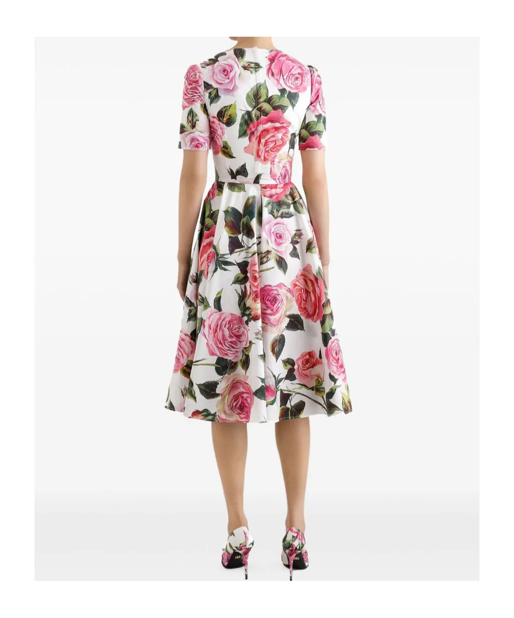 Rose Printed Calf-Length Babydoll Dress