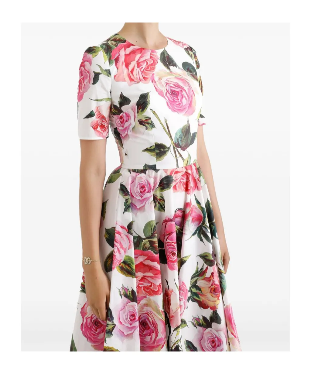 Rose Printed Calf-Length Babydoll Dress