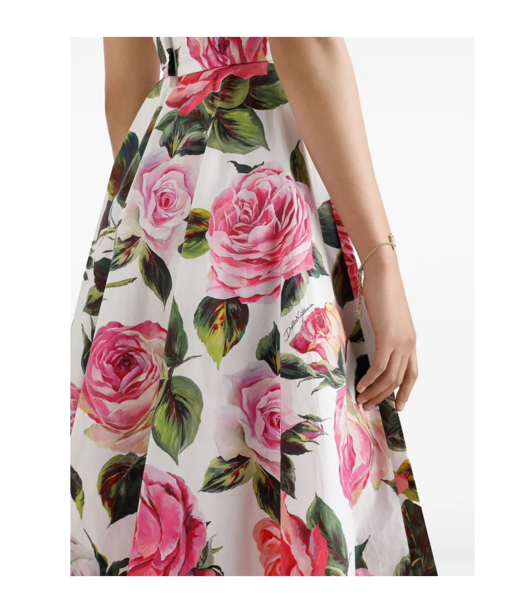 Rose Printed Calf-Length Babydoll Dress