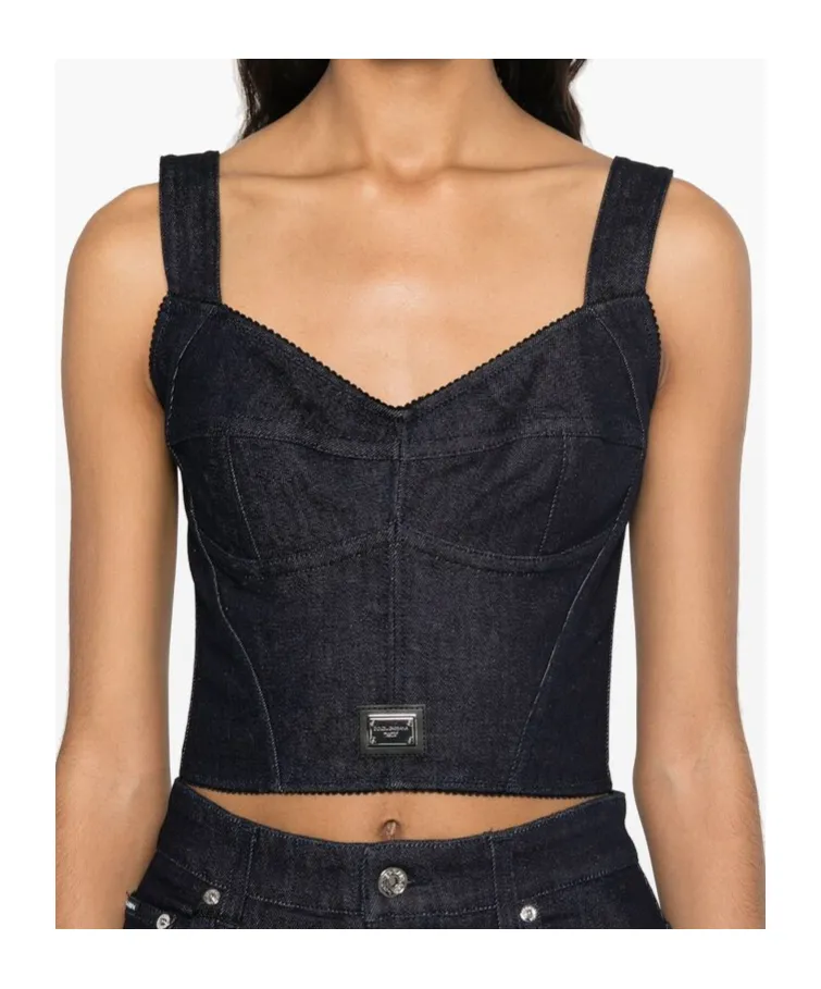 Logo Plaque Denim Corset Top
