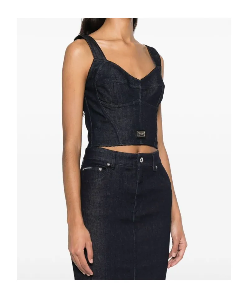 Logo Plaque Denim Corset Top