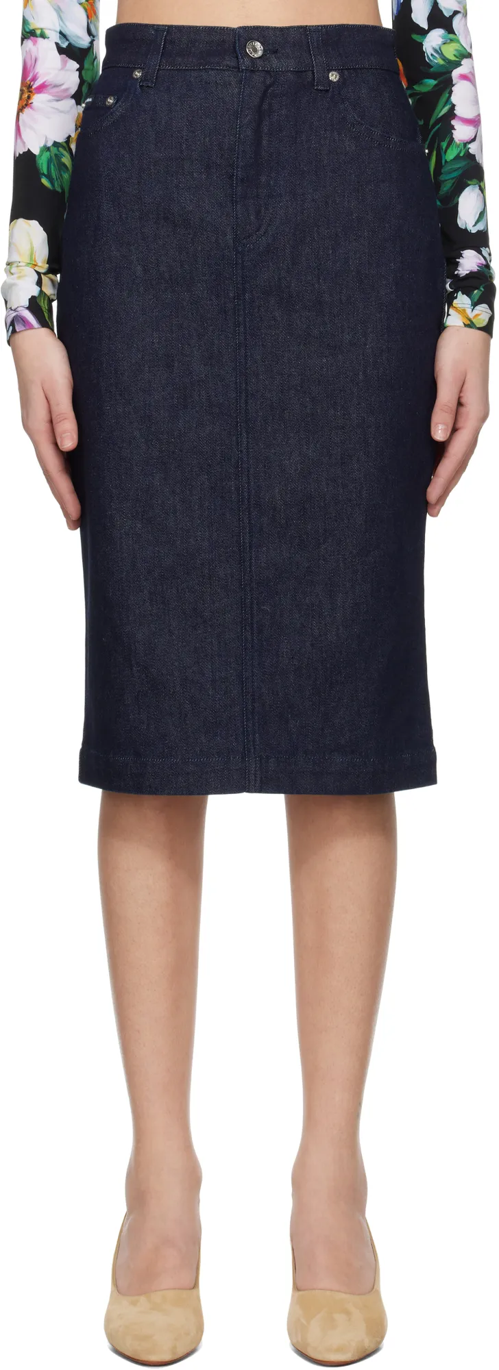 Logo Plaque Denim Midi Skirt